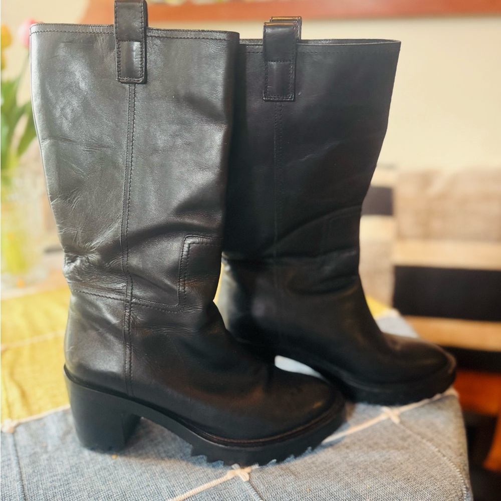 Tamara Mellon Easy Rider Lug Sole Mid Calf Black Leather Women's Boots size 9